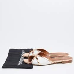 Pre Owned Malone Souliers White/Rose Gold Straw and Leather Flats Size 37.5