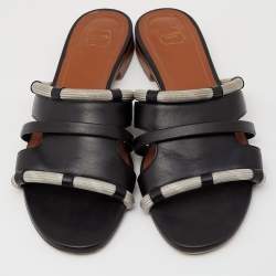 Pre Owned Malone Souliers Black/Grey Leather And Fabric Cut Out Flat Sandals Size 38