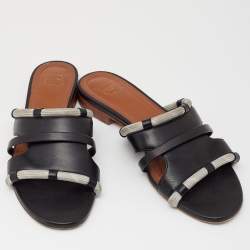 Pre Owned Malone Souliers Black/Grey Leather And Fabric Cut Out Flat Sandals Size 38