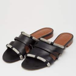 Pre Owned Malone Souliers Black/Grey Leather And Fabric Cut Out Flat Sandals Size 38