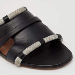 Pre Owned Malone Souliers Black/Grey Leather And Fabric Cut Out Flat Sandals Size 38