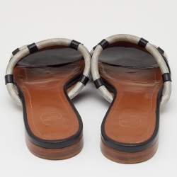 Pre Owned Malone Souliers Black/Grey Leather And Fabric Cut Out Flat Sandals Size 38