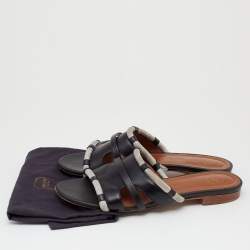 Pre Owned Malone Souliers Black/Grey Leather And Fabric Cut Out Flat Sandals Size 38