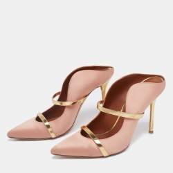 Pre Owned Malone Souliers Peach Pink/Gold Satin and Leather Maureen Pumps Size 37.5