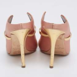 Pre Owned Malone Souliers Peach Pink/Gold Satin and Leather Maureen Pumps Size 37.5
