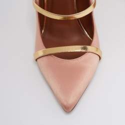 Pre Owned Malone Souliers Peach Pink/Gold Satin and Leather Maureen Pumps Size 37.5