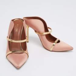 Pre Owned Malone Souliers Peach Pink/Gold Satin and Leather Maureen Pumps Size 37.5