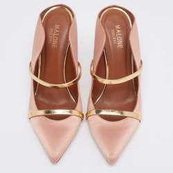Pre Owned Malone Souliers Peach Pink/Gold Satin and Leather Maureen Pumps Size 37.5