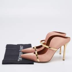 Pre Owned Malone Souliers Peach Pink/Gold Satin and Leather Maureen Pumps Size 37.5