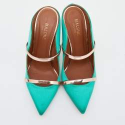Malone Souliers Green/Rose Gold Satin And Leather Maureen Pointed Toe Mules Size 37