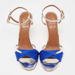 Pre Owned صندل مالون سولييه كانفاس وجلد فويل أزرق / فضي سير كاحل مقاس 37.5