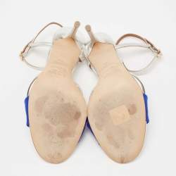 Pre Owned صندل مالون سولييه كانفاس وجلد فويل أزرق / فضي سير كاحل مقاس 37.5