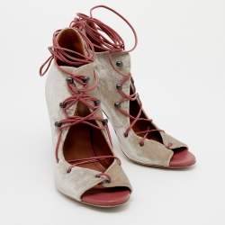 Malone Souliers Grey/Pink Velvet and Leather Savannah Ankle Wrap Sandals Size 36