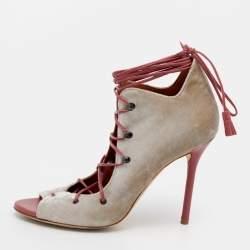 Malone Souliers Grey/Pink Velvet and Leather Savannah Ankle Wrap Sandals Size 36