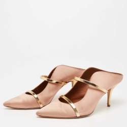 Pre Owned Malone Souliers Pink/Gold Satin and Leather Maureen Pointed-Toe Mules Size 39
