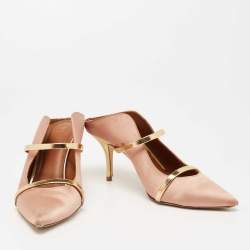 Pre Owned Malone Souliers Pink/Gold Satin and Leather Maureen Pointed-Toe Mules Size 39