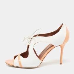 Pre Owned Malone Souliers White/Orange Patent And Leather Cutout Open Toe Pumps Size 41
