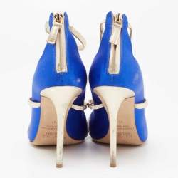 Pre Owned Malone Souliers Royal Blue/Gold Satin and Leather Robyn Ankle-Strap Pumps Size 41