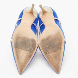 Pre Owned Malone Souliers Royal Blue/Gold Satin and Leather Robyn Ankle-Strap Pumps Size 41