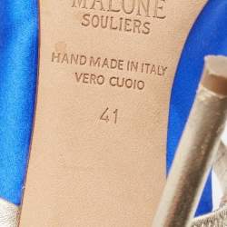 Pre Owned Malone Souliers Royal Blue/Gold Satin and Leather Robyn Ankle-Strap Pumps Size 41