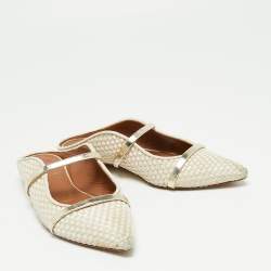 Pre Owned Malone Souliers Cream/Gold Woven Leather Maureen Flats Size 38.5