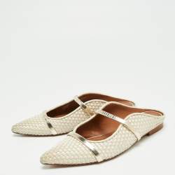 Pre Owned Malone Souliers Cream/Gold Woven Leather Maureen Flats Size 38.5