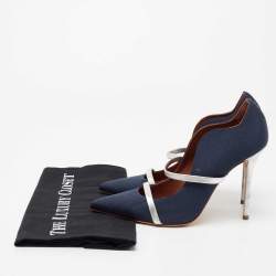 Malone Souliers Navy Blue/Silver Moire Canvas and Leather Maureen Pumps Size 38