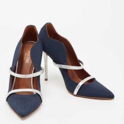Malone Souliers Navy Blue/Silver Moire Canvas and Leather Maureen Pumps Size 38
