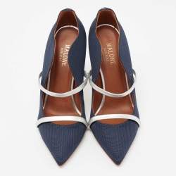 Malone Souliers Navy Blue/Silver Moire Canvas and Leather Maureen Pumps Size 38