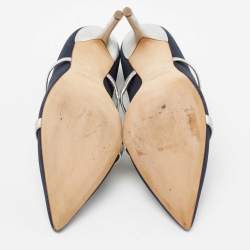 Malone Souliers Navy Blue/Silver Moire Canvas and Leather Maureen Pumps Size 38