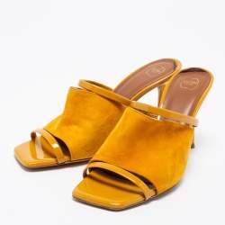 Pre Owned Malone Souliers Mustard Yellow Suede and Patent Leather Laney Slide Sandals Size 38
