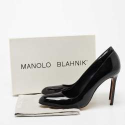 مملوكة مسبقًا حذاء كعب عالي مانولو بلانيك جلد أسود لامع مقدمة مستديرة مقاس 40