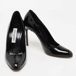 مملوكة مسبقًا حذاء كعب عالي مانولو بلانيك جلد أسود لامع مقدمة مستديرة مقاس 40