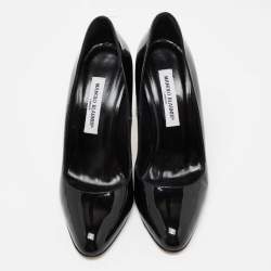 مملوكة مسبقًا حذاء كعب عالي مانولو بلانيك جلد أسود لامع مقدمة مستديرة مقاس 40