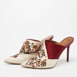 Malone Souliers Off White/Burgundy Satin Floral Embroidered Pointed Toe Mules Size 37