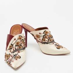 Malone Souliers Off White/Burgundy Satin Floral Embroidered Pointed Toe Mules Size 37