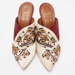 Malone Souliers Off White/Burgundy Satin Floral Embroidered Pointed Toe Mules Size 37