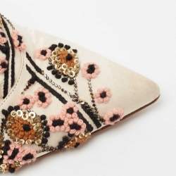 Malone Souliers Off White/Burgundy Satin Floral Embroidered Pointed Toe Mules Size 37