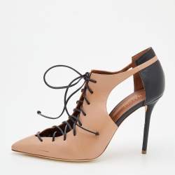 مملوكة مسبقًا حذاء بوت مالون سولييه جلد أسود/بيج مقدمة مدببة رباط مقاس 41