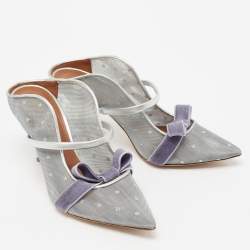 Pre Owned Malone Souliers Silver Mesh And Velvet Marguerite Bow Mules Size 37.5