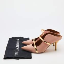 Pre Owned Malone Souliers Beige/Metallic Gold Satin And Leather Maureen Pointed Toe Mules Size 38.5