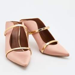 Pre Owned Malone Souliers Beige/Metallic Gold Satin And Leather Maureen Pointed Toe Mules Size 38.5