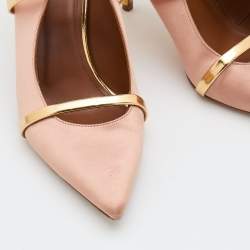 Pre Owned Malone Souliers Beige/Metallic Gold Satin And Leather Maureen Pointed Toe Mules Size 38.5