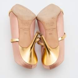 Pre Owned Malone Souliers Beige/Metallic Gold Satin And Leather Maureen Pointed Toe Mules Size 38.5