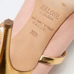 Pre Owned Malone Souliers Beige/Metallic Gold Satin And Leather Maureen Pointed Toe Mules Size 38.5