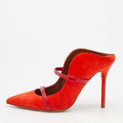 Pre Owned Malone Souliers Orange/Red Suede And Leather Pointed Toe Maureen Mules Size 37