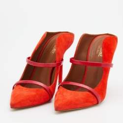 Pre Owned Malone Souliers Orange/Red Suede And Leather Pointed Toe Maureen Mules Size 37