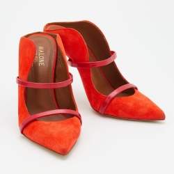 Pre Owned Malone Souliers Orange/Red Suede And Leather Pointed Toe Maureen Mules Size 37