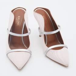 Pre Owned Malone Souliers Light Pink/Silver Fabric And Leather Maureen Pointed Toe Mules Size 37.5