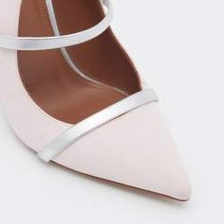 Pre Owned Malone Souliers Light Pink/Silver Fabric And Leather Maureen Pointed Toe Mules Size 37.5
